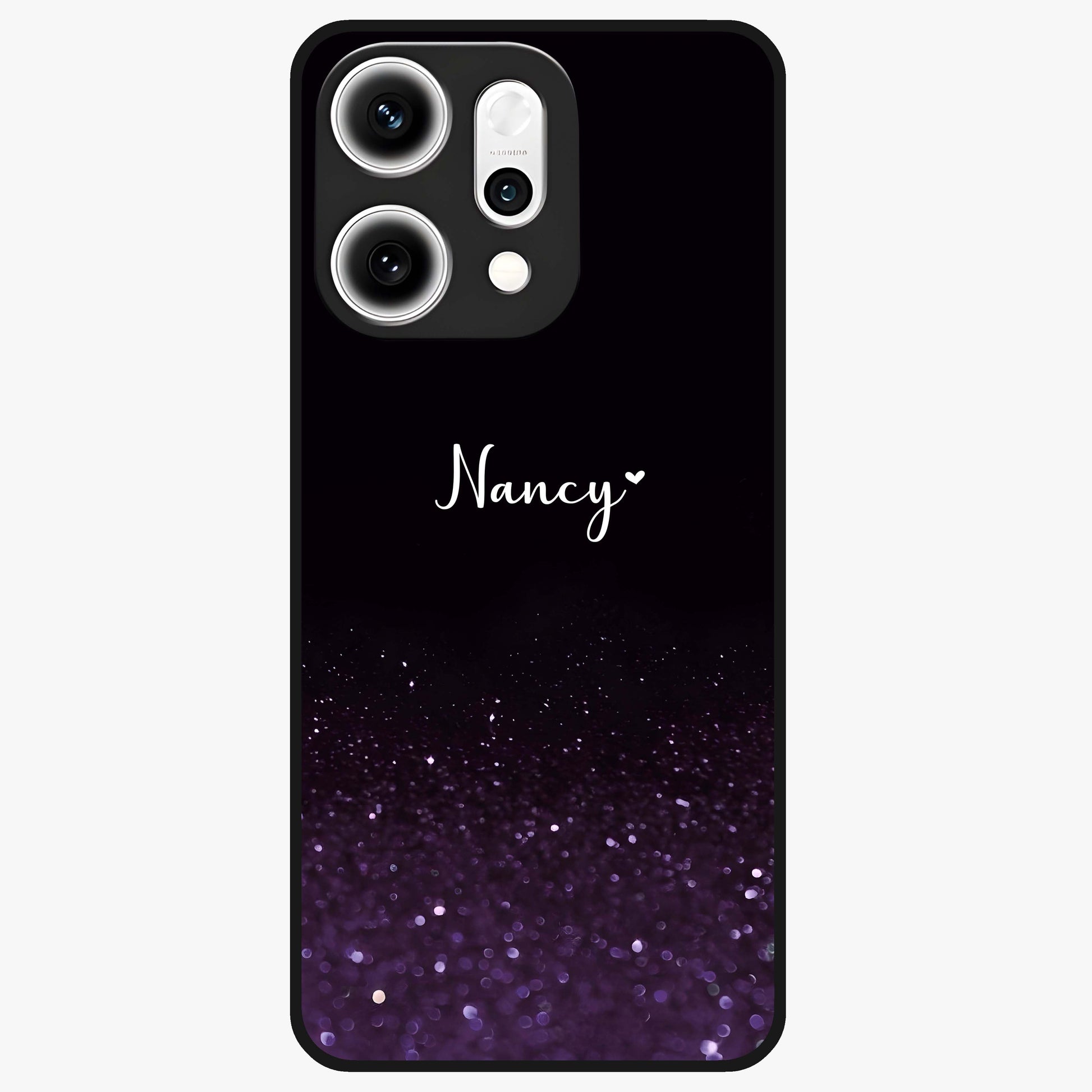 Glittery Purple Bokeh Custom Name Glass Case showing flat back view with purple bokeh sparkle artwork and personalized name design.