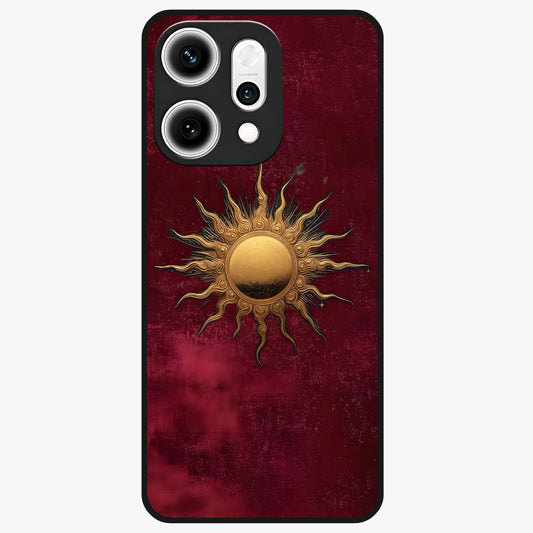 Gold Sun Blush Glass Case showing flat back view with golden sun inspired artwork and glossy glass finish.
