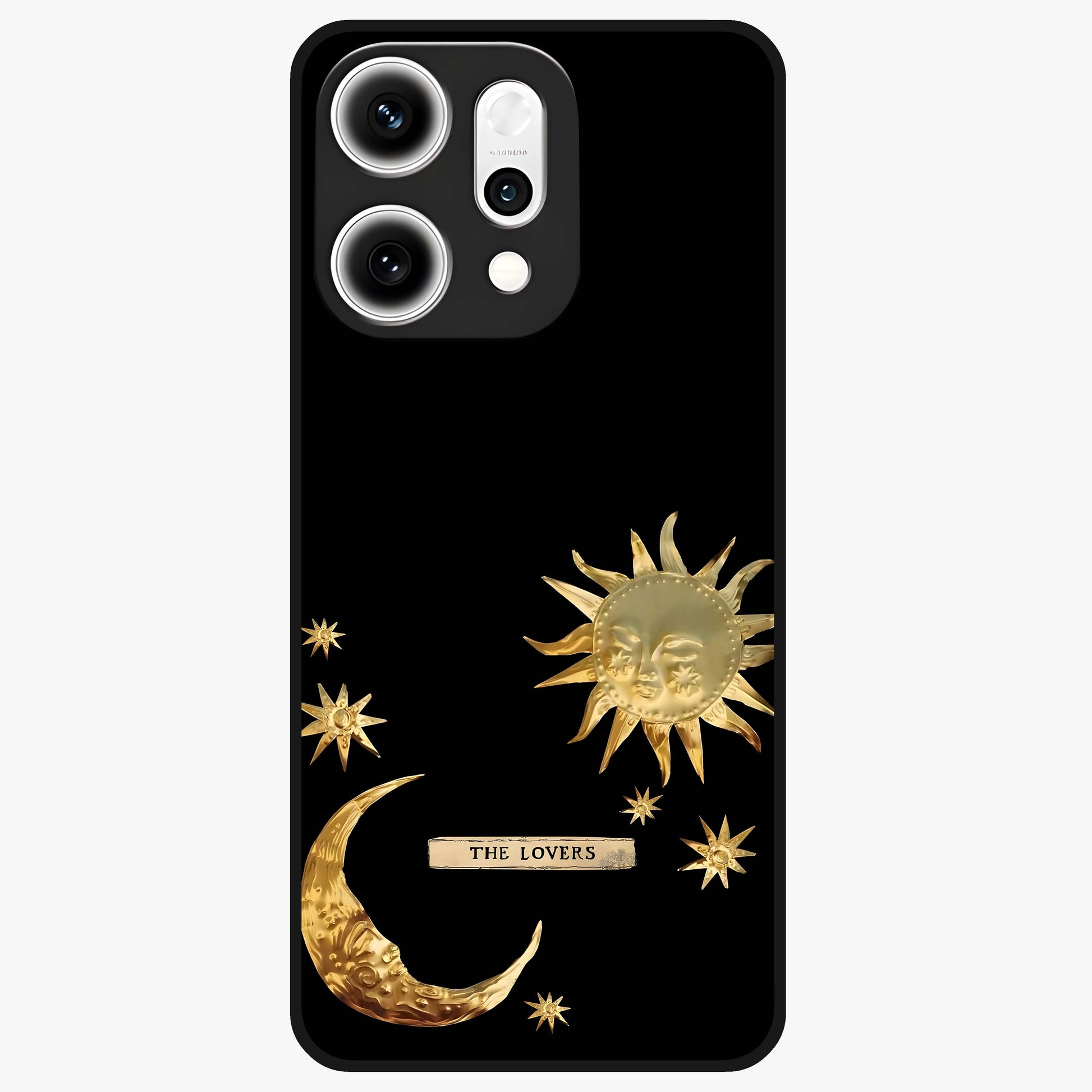 Golden Celestial Charm Glass Case showing flat back view with golden celestial charm artwork and glossy glass finish.