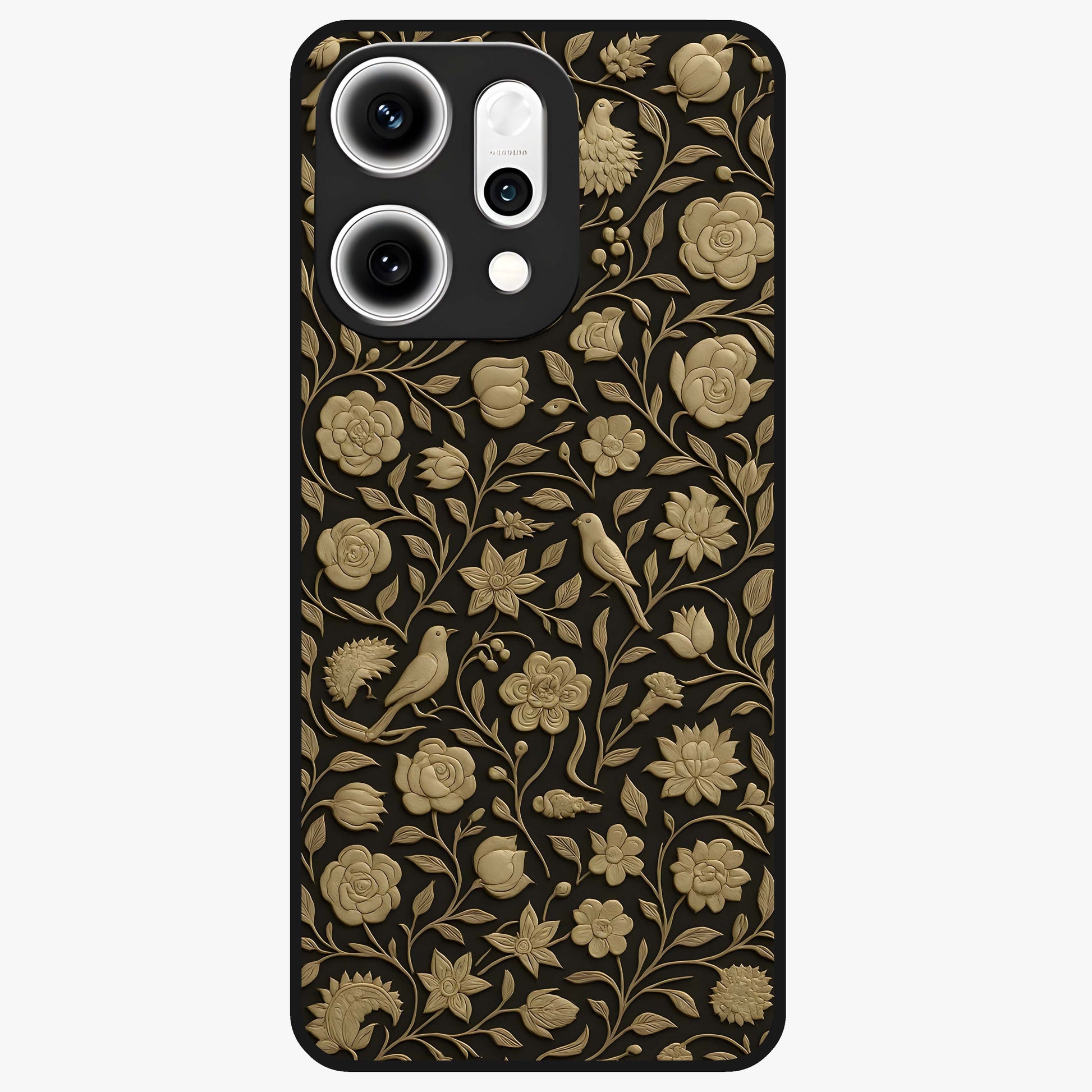 Golden Floral Majesty Glass Case showing flat back view with luxurious golden floral artwork and glossy glass finish.