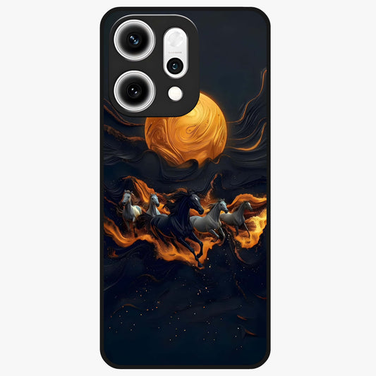 Golden Stallion Moonride Glass Case showing flat back view with majestic horse under moonlight artwork and glossy glass finish.