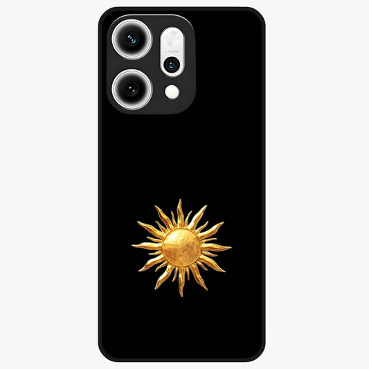 Golden Sun Minimalism Glass Case showing flat back view with minimal golden sun artwork and glossy glass finish.