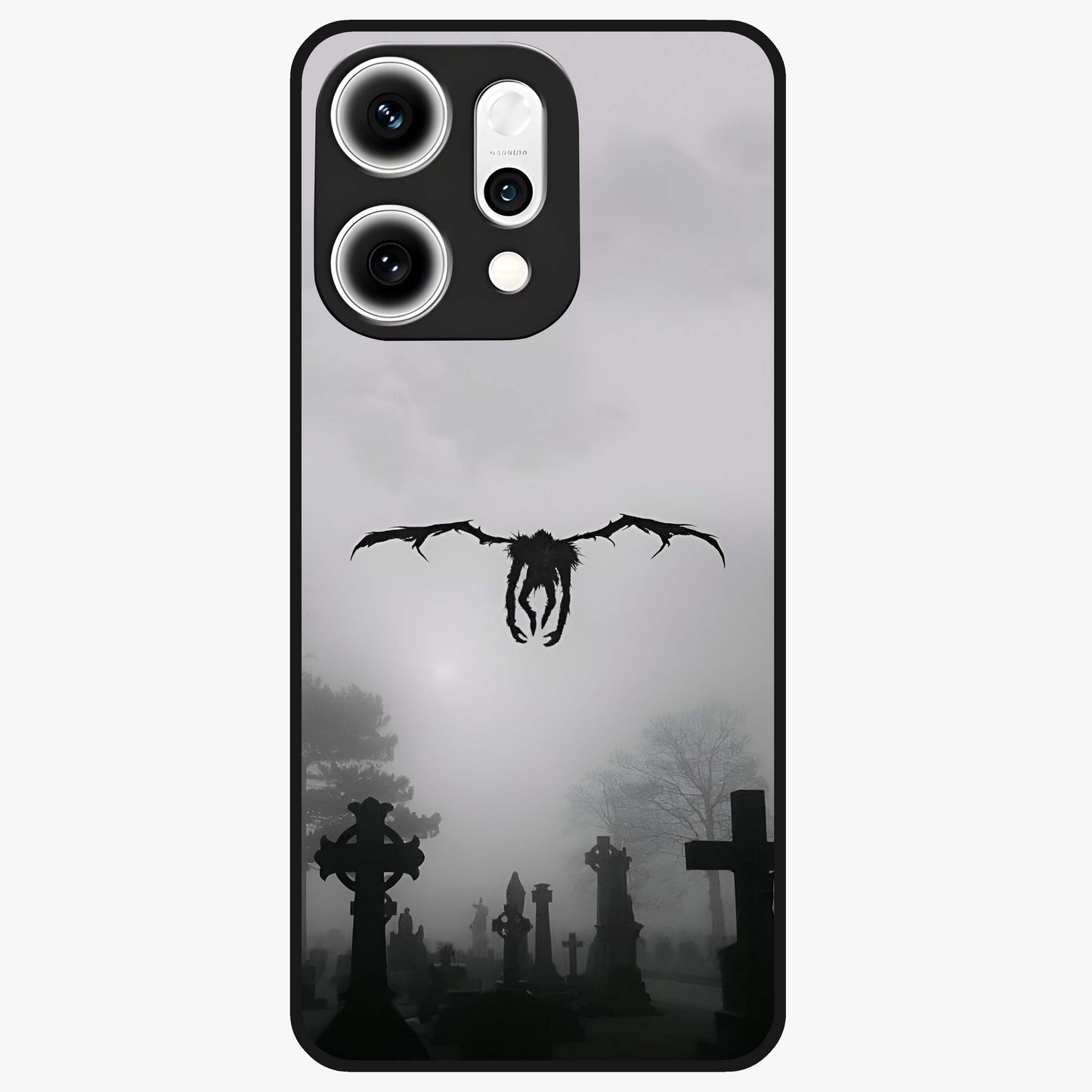 Graveyard Shadow Descent Glass Case showing flat back view with dark graveyard themed artwork and glossy glass finish.