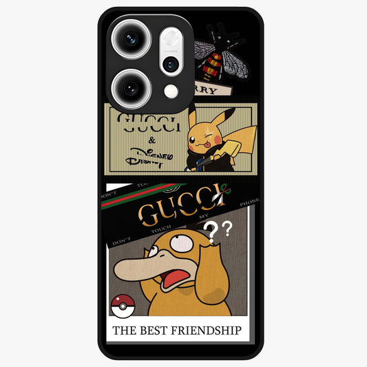 Gucci Play Mashup Glass Case showing flat back view with luxury inspired graphic artwork and glossy glass finish.