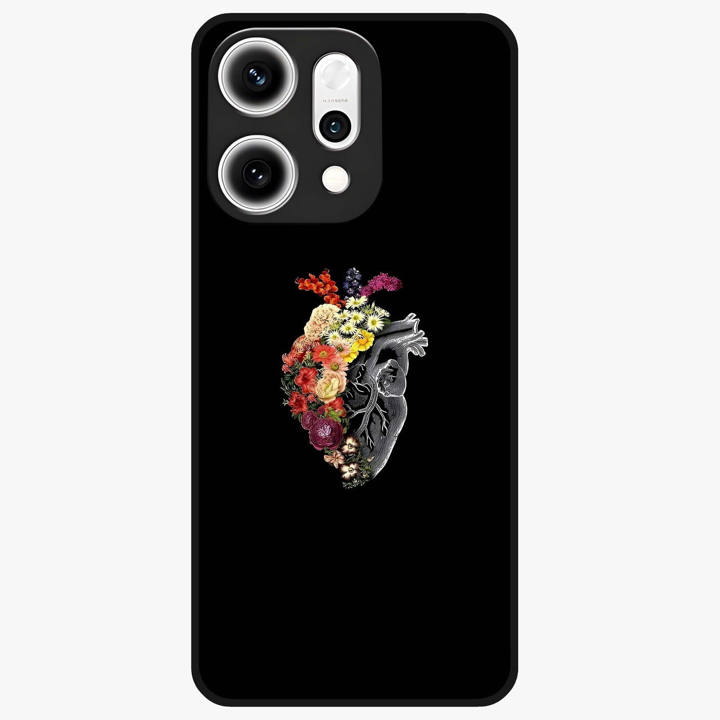 Heart With Flowers Glass Case showing flat back view with heart shaped floral artwork and glossy glass finish.