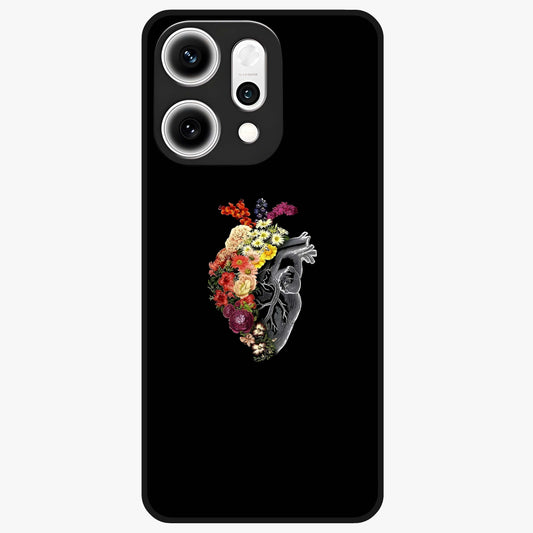 Heart With Flowers Glass Case showing flat back view with heart shaped floral artwork and glossy glass finish.