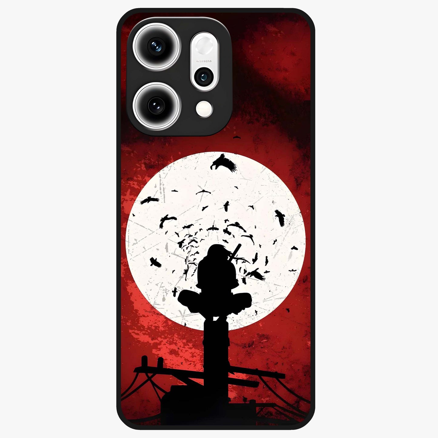 Itachi Sharingan Glass Case showing flat back view with powerful anime eye artwork and glossy glass finish.