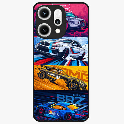 JDM Sports Car Glass Case showing flat back view with high performance sports car artwork and glossy glass finish.