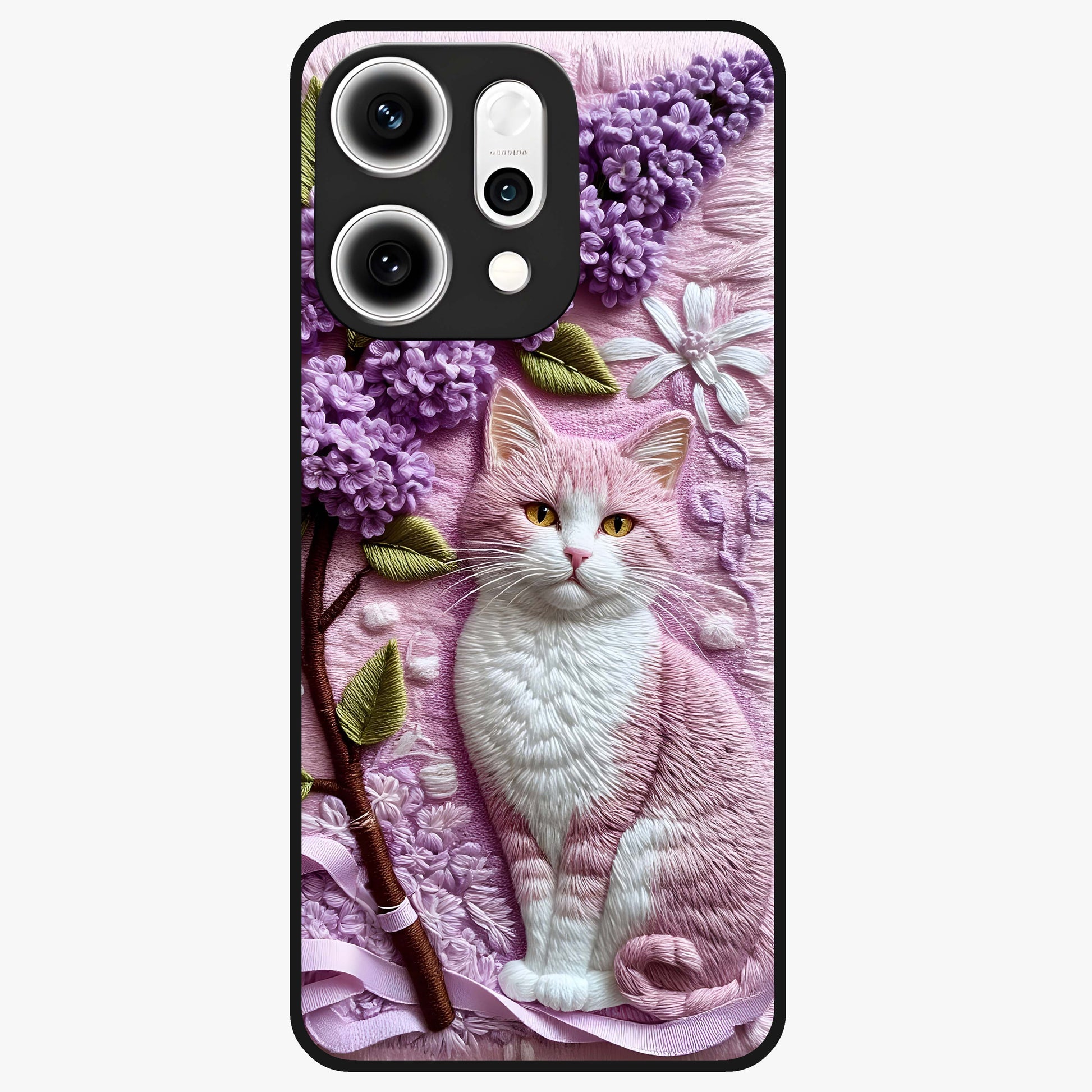 Lavender Cat Whimsy Glass Case showing flat back view with cute lavender cat artwork and glossy glass finish.