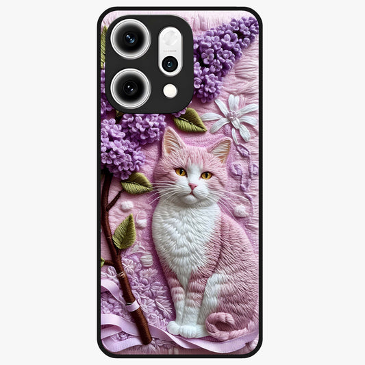 Lavender Cat Whimsy Glass Case showing flat back view with cute lavender cat artwork and glossy glass finish.