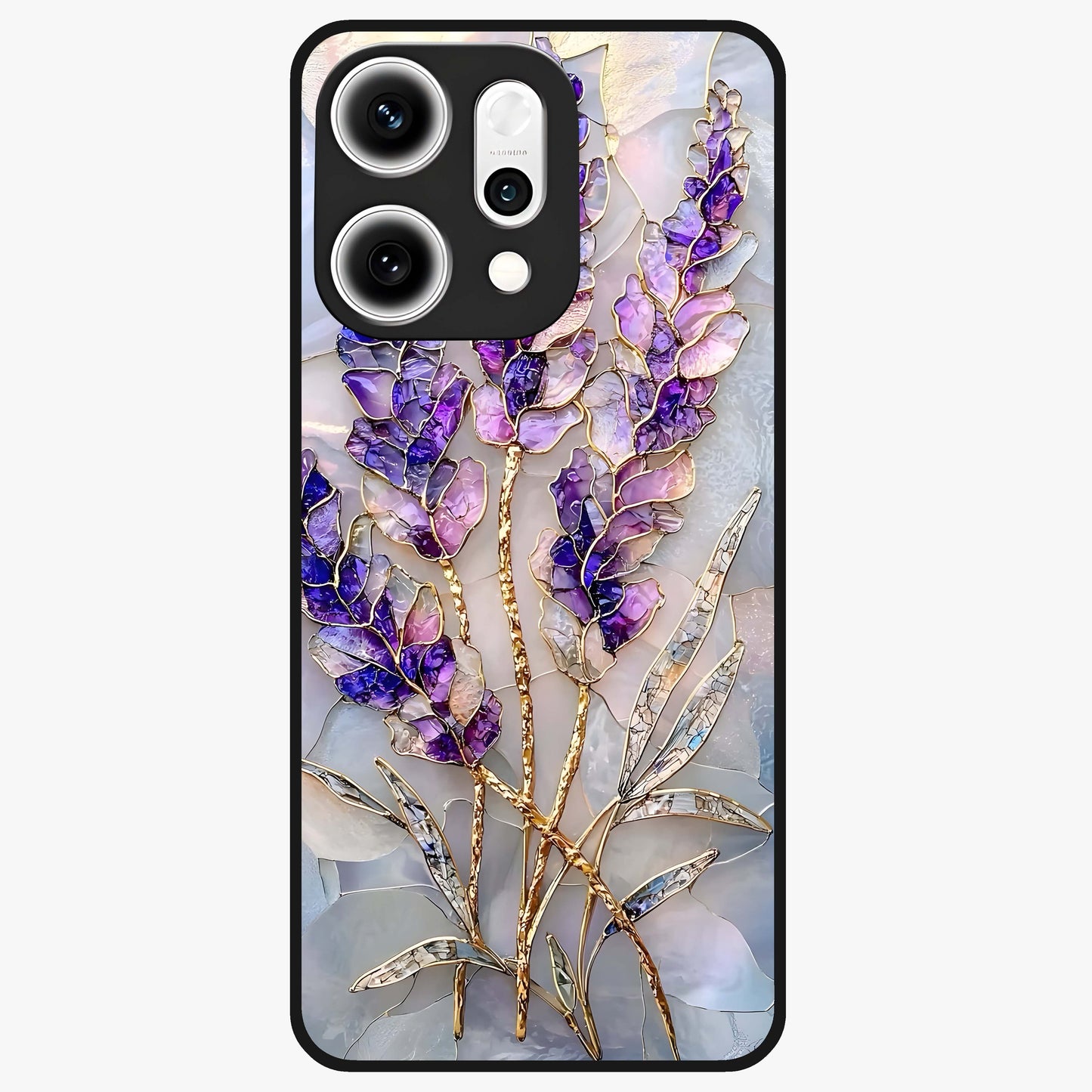 Lavender Dream Glow Glass Case showing flat back view with glowing lavender aesthetic artwork and glossy glass finish.