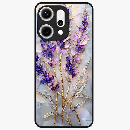 Lavender Dream Glow Glass Case showing flat back view with glowing lavender aesthetic artwork and glossy glass finish.