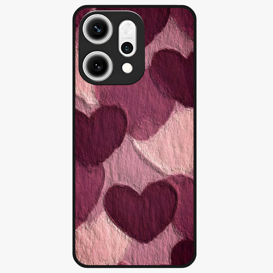 Layered Paper Hearts Glass Case showing flat back view with layered paper heart artwork and glossy glass finish.