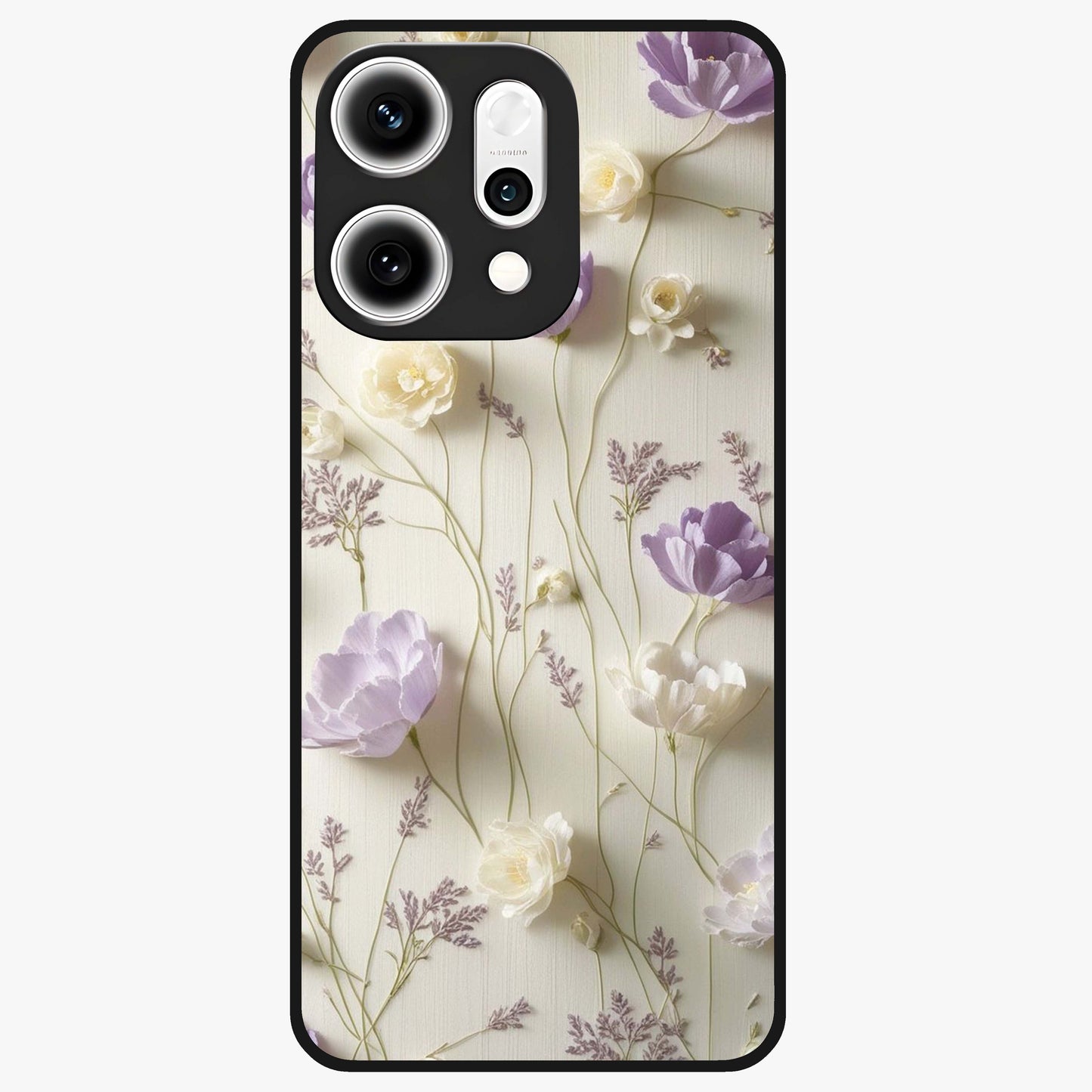 Lilac Breeze Harmony Glass Case showing flat back view with soft lilac themed artwork and glossy glass finish.