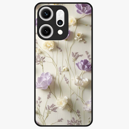 Lilac Breeze Harmony Glass Case showing flat back view with soft lilac themed artwork and glossy glass finish.