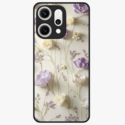 Lilac Breeze Harmony Glass Case showing flat back view with soft lilac themed artwork and glossy glass finish.