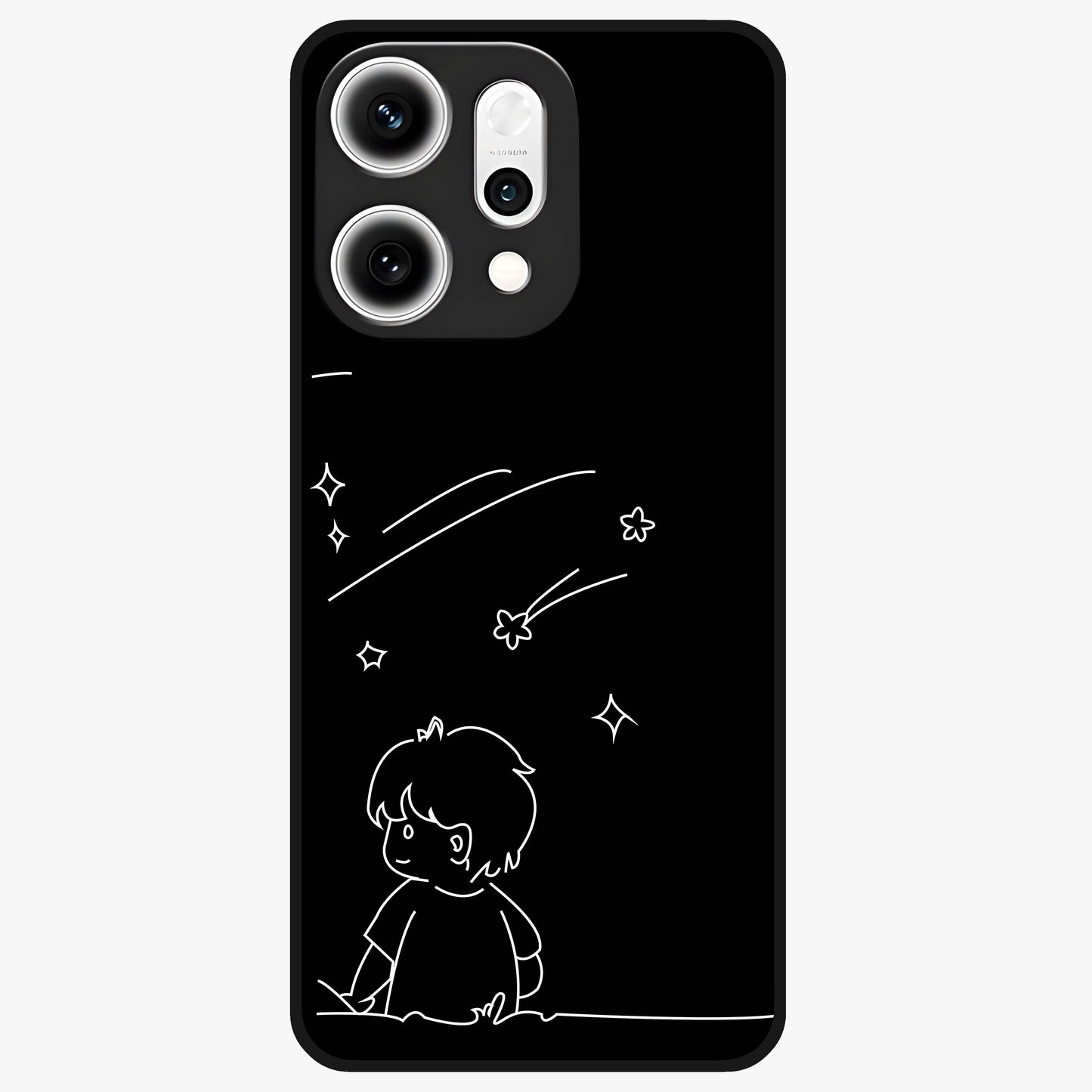 Line Art Boy With Shooting Stars Glass Case showing flat back view with minimal line art boy and shooting stars illustration and glossy glass finish.