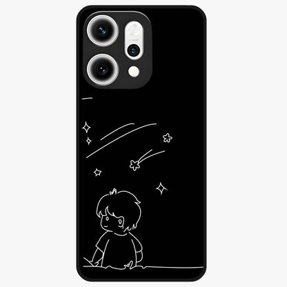 Line Art Boy With Shooting Stars Glass Case showing flat back view with minimal line art boy and shooting stars illustration and glossy glass finish.