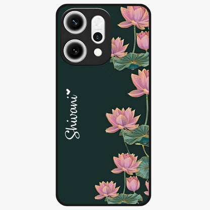 Lotus Bloom Serenity Custom Name Glass Case showing flat back view with elegant lotus flower artwork and personalized name design.