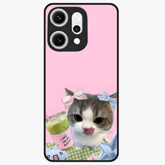 Love Matcha Cat Glass Case showing flat back view with cute cat and matcha themed artwork and glossy glass finish.
