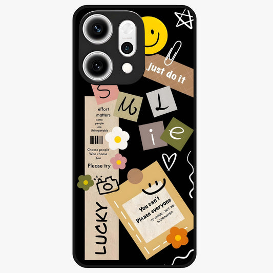 Lucky Aesthetic Collage Glass Case showing flat back view with trendy aesthetic collage artwork and glossy glass finish.