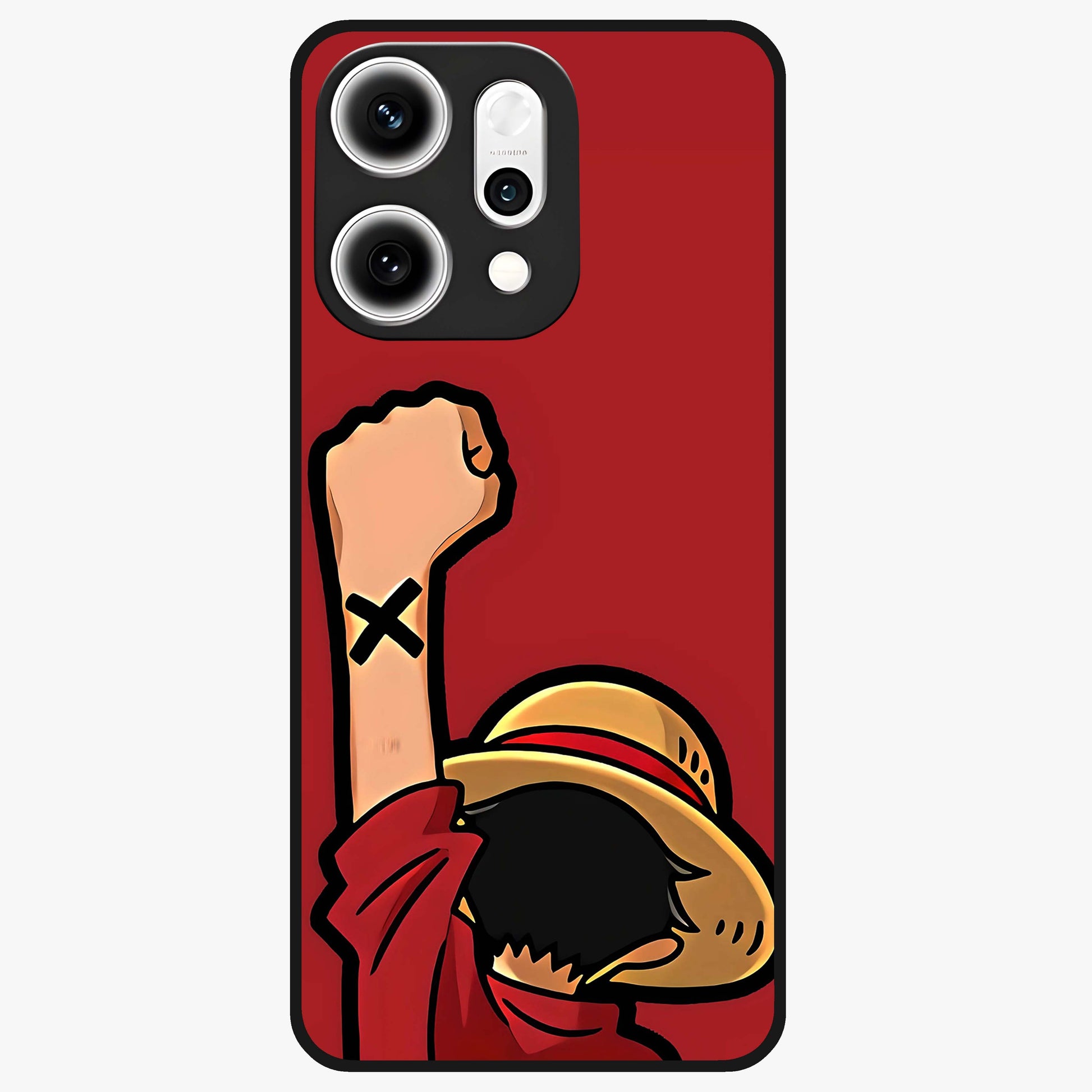 Luffy X Spirit Glass Case showing flat back view with bold anime character artwork and glossy glass finish.