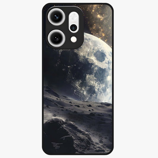 Lunar Horizon Glow Glass Case showing flat back view with glowing moon horizon artwork and glossy glass finish.