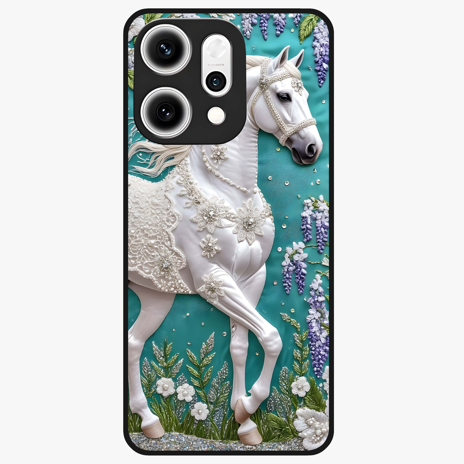 Majestic Floral Stallion Glass Case showing flat back view with powerful horse and floral artwork and glossy glass finish.