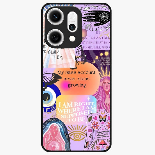 Manifestation Collage Glass Case showing flat back view with motivational collage artwork and glossy glass finish.