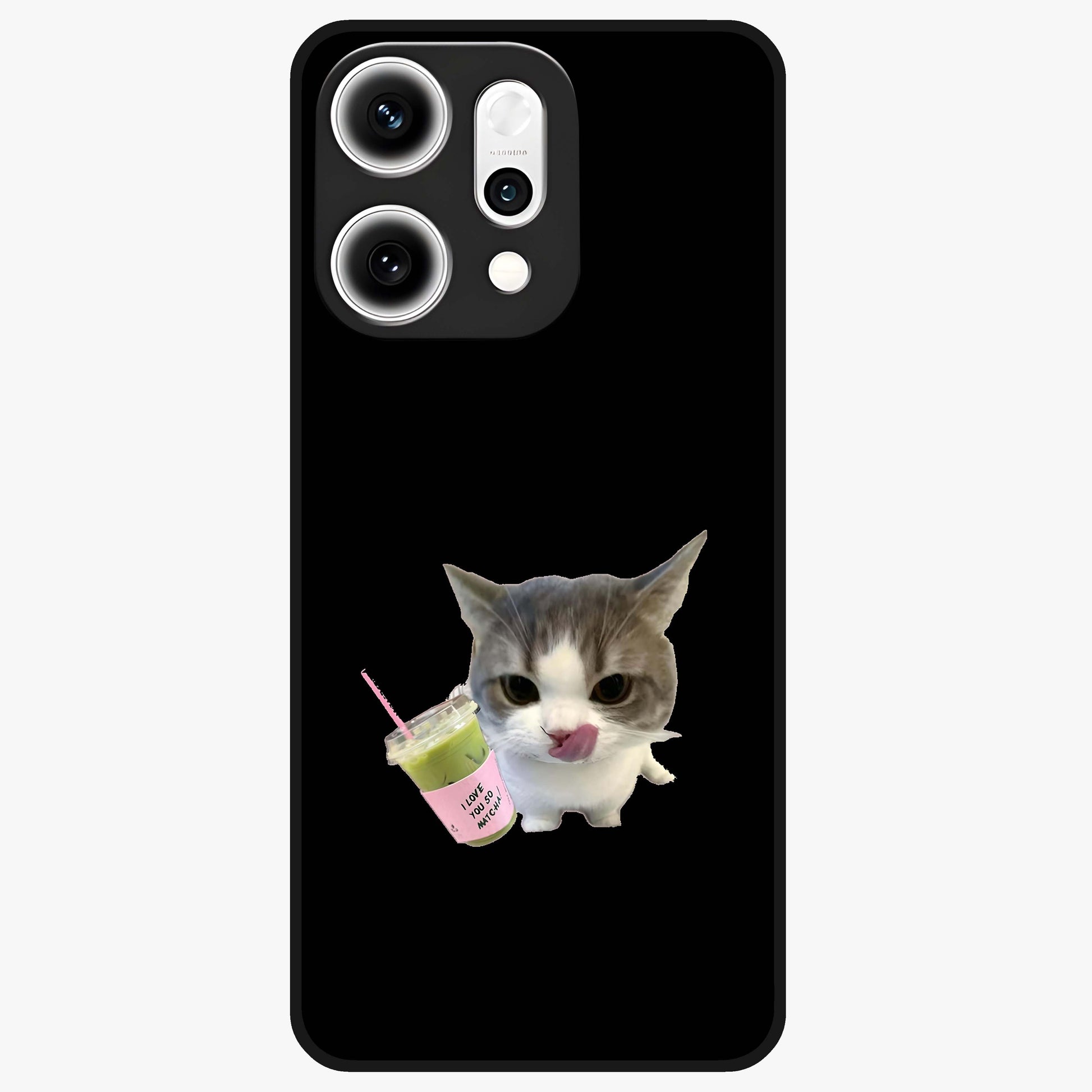 Matcha Cat Style Glass Case showing flat back view with cute matcha themed cat artwork and glossy glass finish.