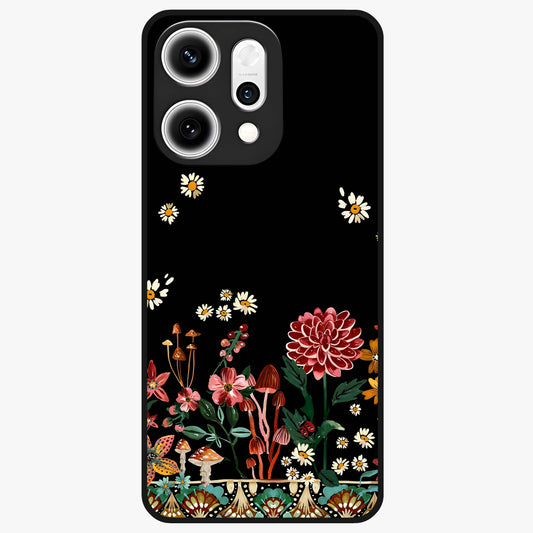 Midnight Bloom Pattern Glass Case showing flat back view with dark floral pattern artwork and glossy glass finish.