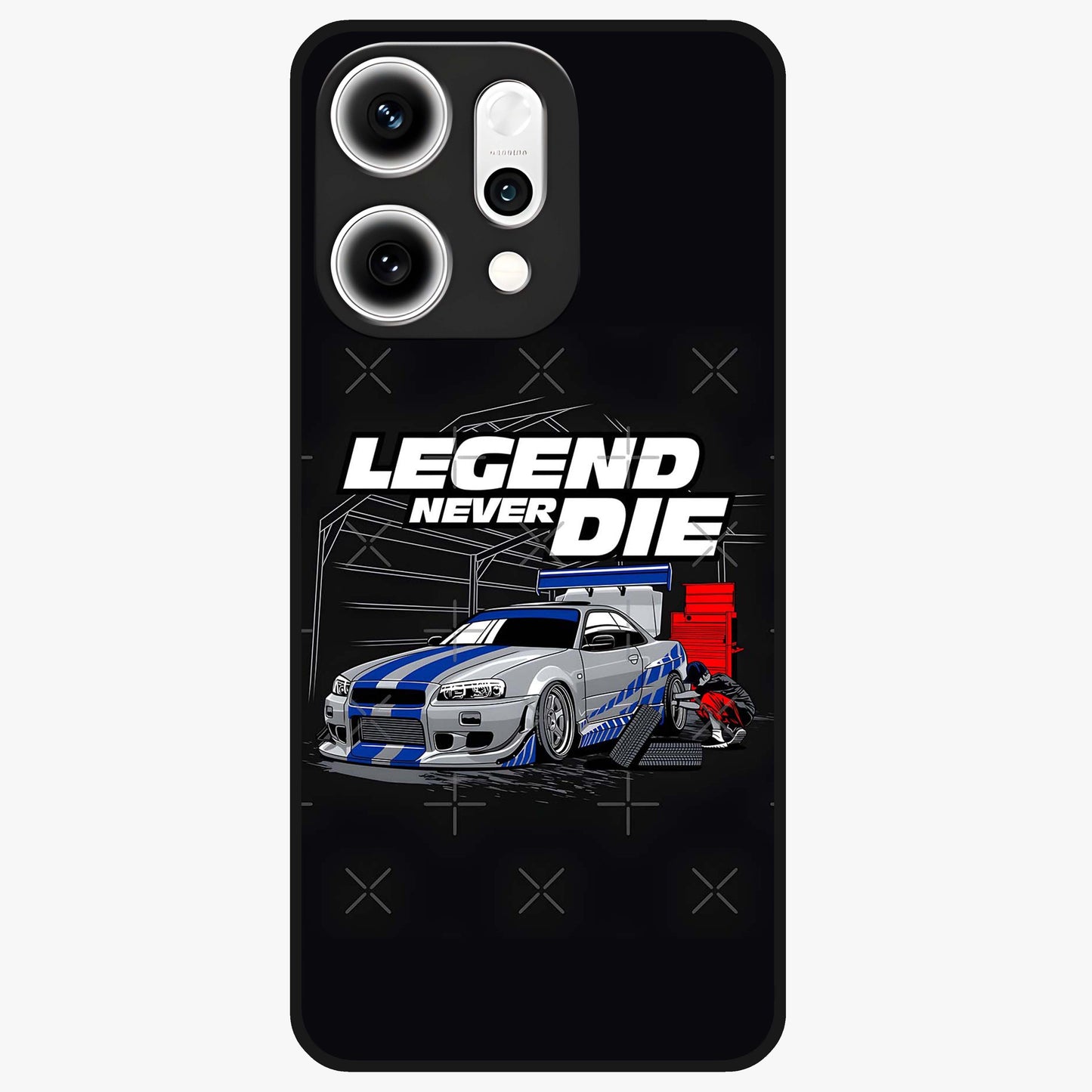Midnight Racing Legacy Glass Case showing flat back view with sleek racing inspired artwork and glossy glass finish.