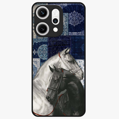 Midnight Stallion Blues Glass Case showing flat back view with majestic horse artwork and glossy glass finish.