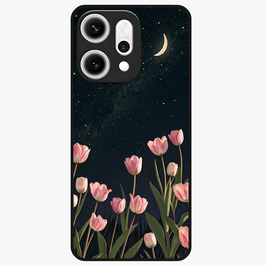 Midnight Tulip Whispers Vibe Glass Case showing flat back view with elegant tulip flower artwork and glossy glass finish.