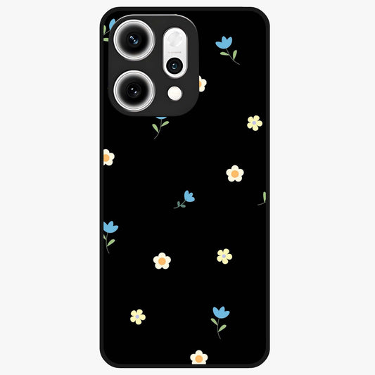 Minimalistic Blue With White Flower Pattern Glass Case showing flat back view with blue background and white flower pattern and glossy glass finish.
