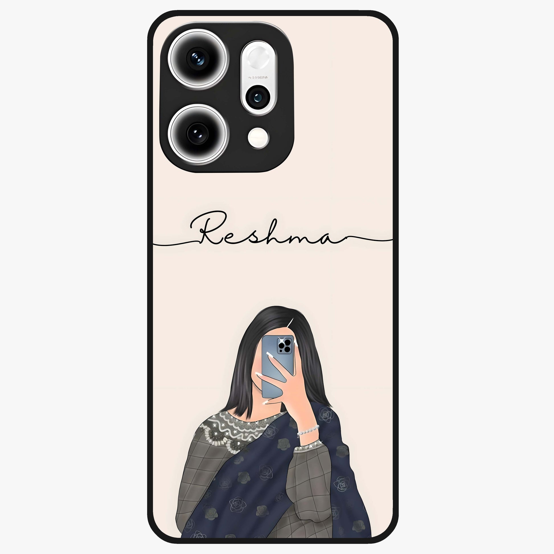Mirror Mood Muse With Custom Name Glass Case showing flat back view with stylish mirrored artwork and personalized name design.