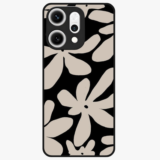 Monochrome Petal Dance Glass Case showing flat back view with monochrome floral artwork and glossy glass finish.