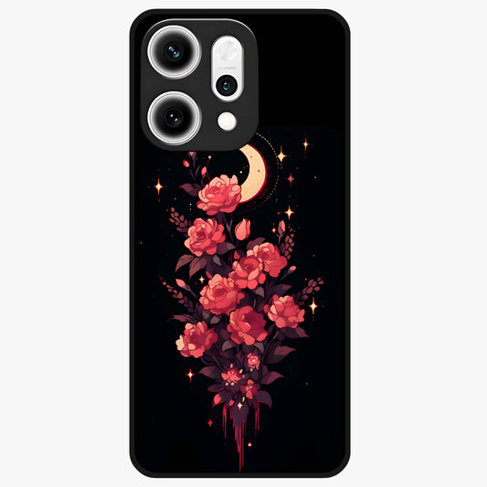 Moonlit Floral Elegance Glass Case showing flat back view with elegant floral artwork under moonlit tones and glossy glass finish.