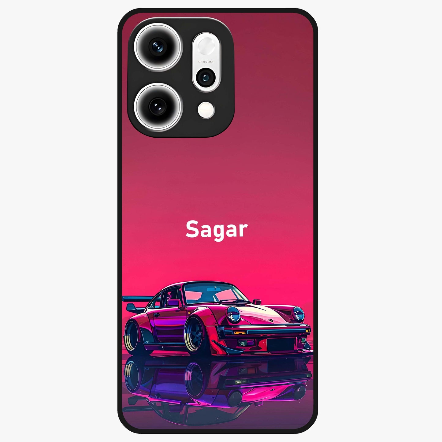 Neon Pink Porsche Glass Case showing flat back view with stylish sports car artwork and glossy glass finish.