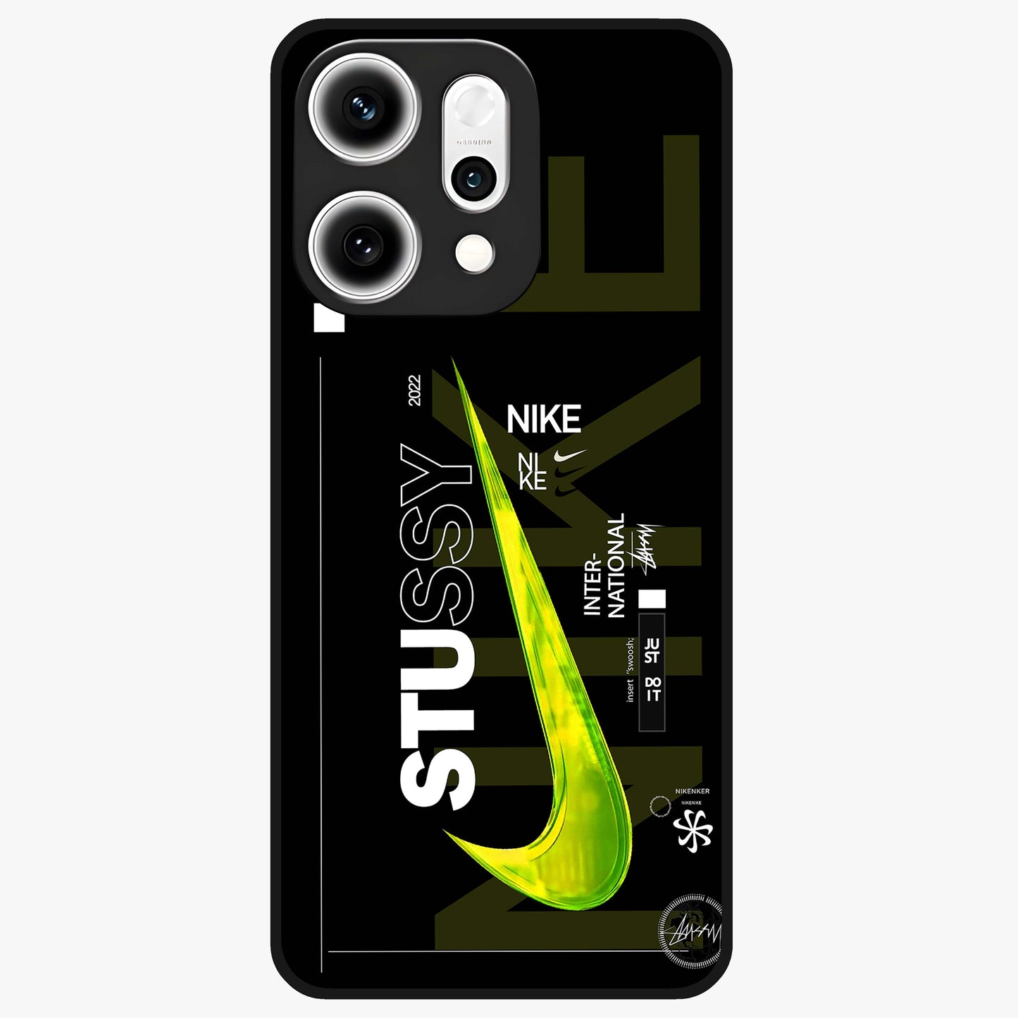 Neon Street Edition Glass Case showing flat back view with neon street style artwork and glossy glass finish.