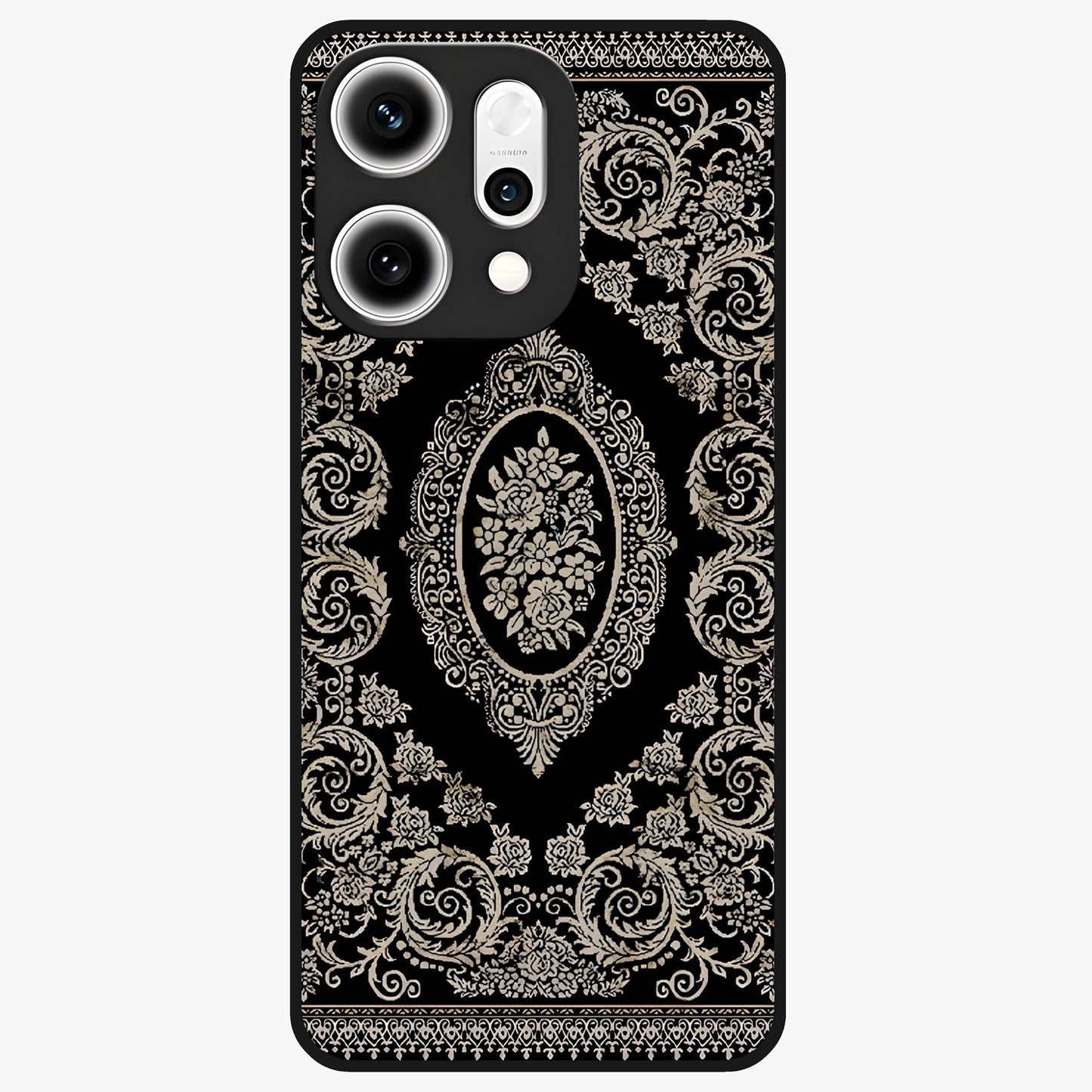 Noir Bloom Elegance Glass Case showing flat back view with elegant dark floral artwork and glossy glass finish.