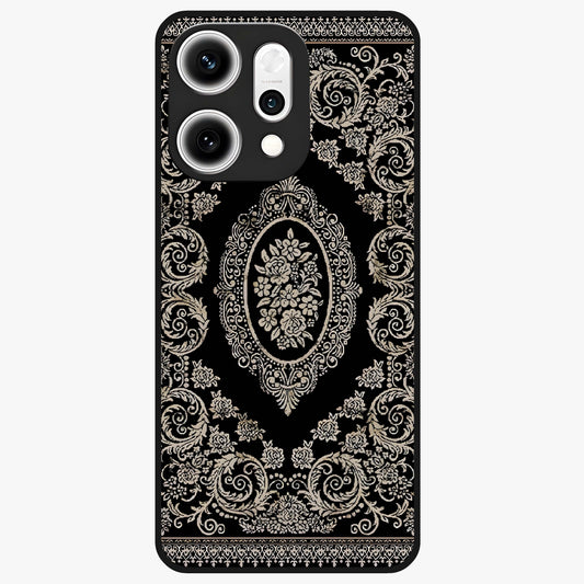 Noir Bloom Elegance Glass Case showing flat back view with elegant dark floral artwork and glossy glass finish.