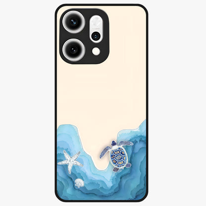 Ocean Drift Turtle Glass Case showing flat back view with sea turtle artwork and glossy glass finish.