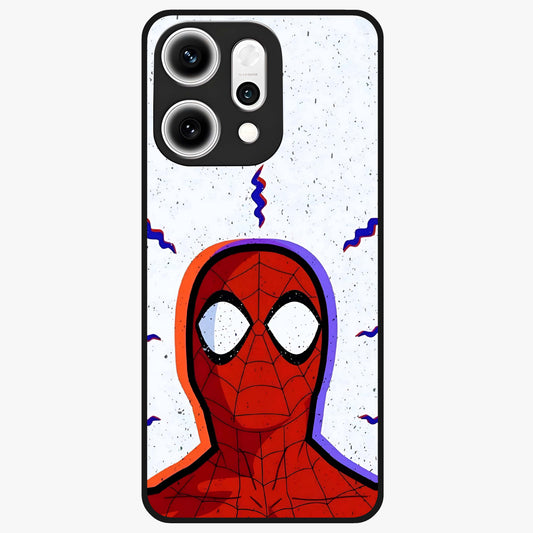 Omg Spiderman Glass Case showing flat back view with bold superhero inspired artwork and glossy glass finish.