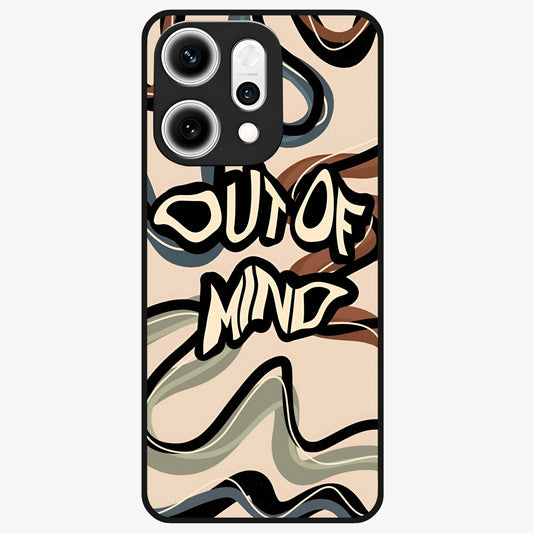 Out Of Mind Glass Case showing flat back view with expressive typography artwork and glossy glass finish.