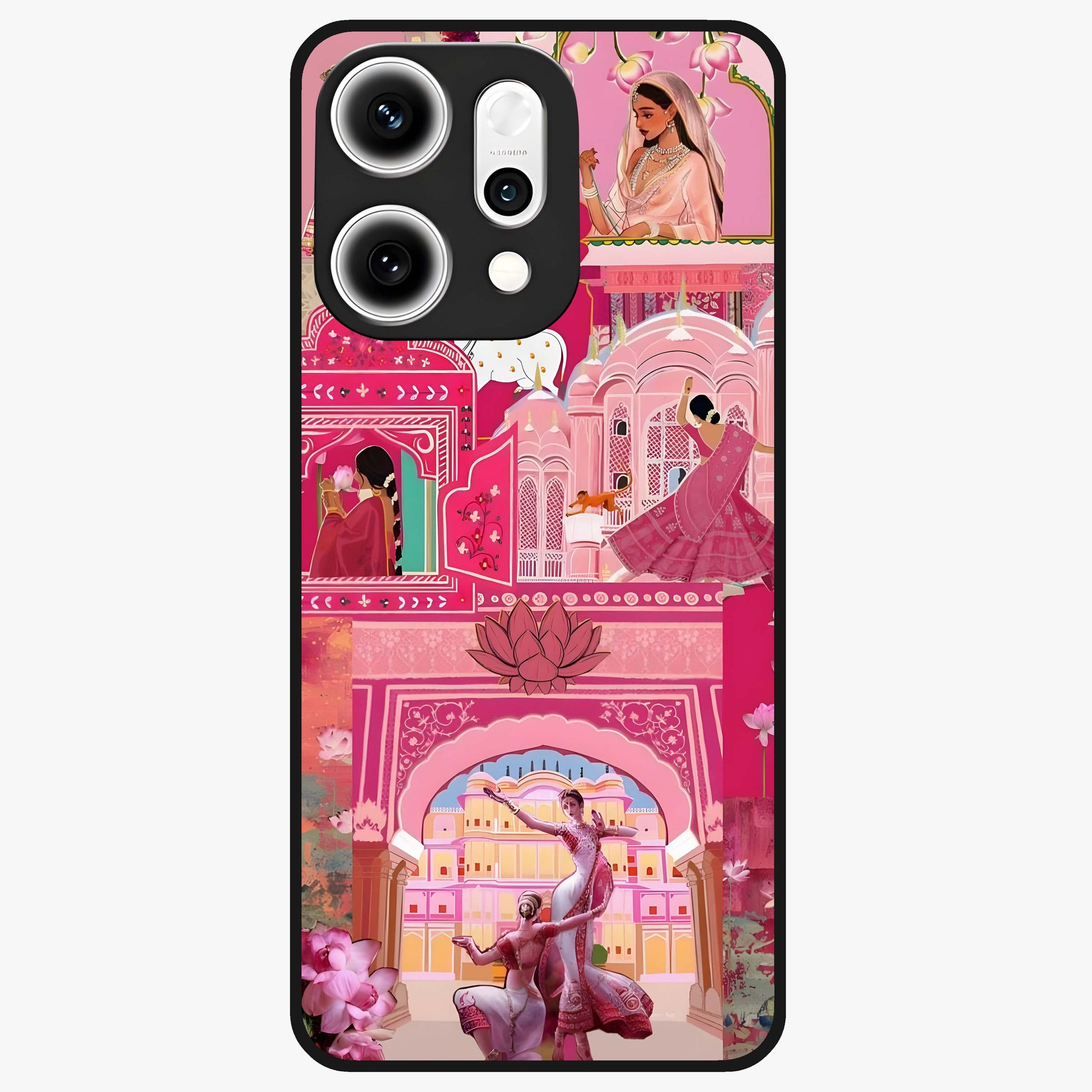 Pink Palace Muse Glass Case showing flat back view with elegant palace inspired artwork and glossy glass finish.