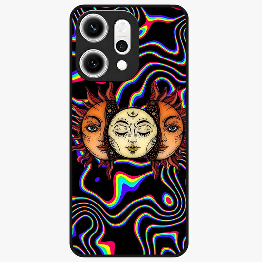 Psychedelic Sun Glass Case showing flat back view with colorful psychedelic sun artwork and glossy glass finish.