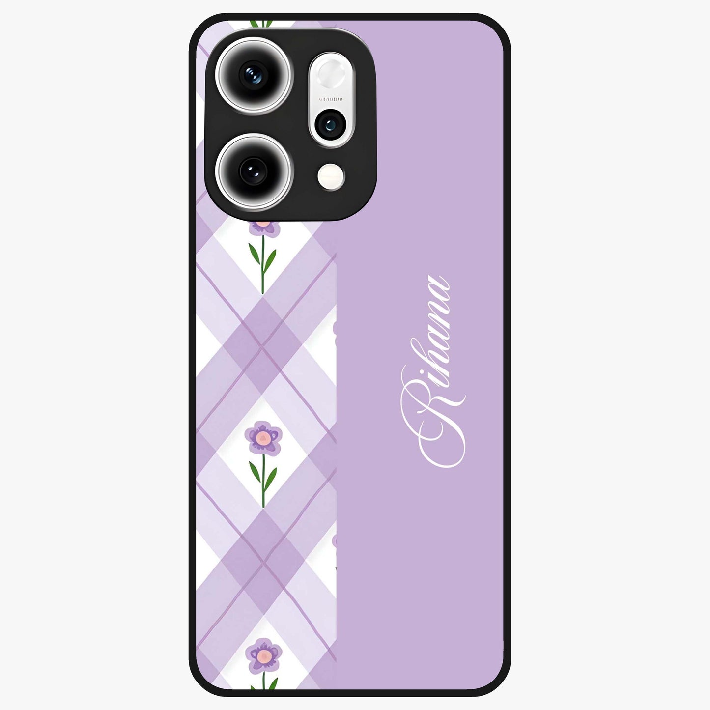 Purple Diamond Floral Glass Case showing flat back view with diamond shaped floral artwork and glossy glass finish.