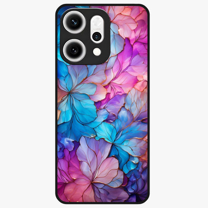 Radiant Floral Whirl Glass Case showing flat back view with swirling floral artwork and glossy glass finish.