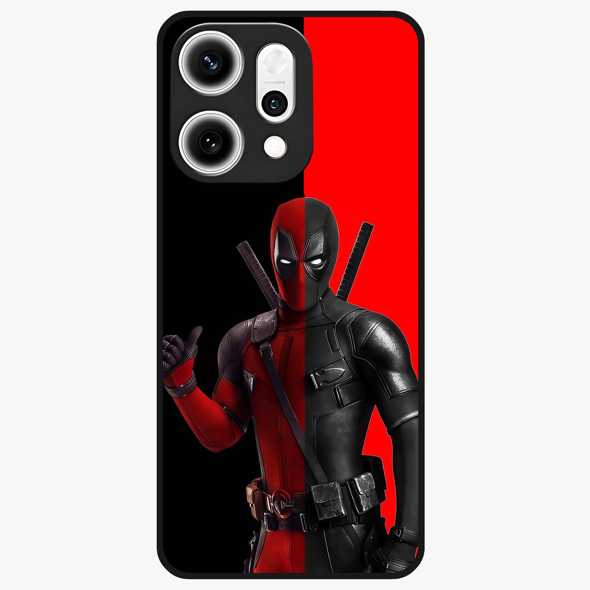 Red & Black Deadpool Theme Glass Case showing flat back view with bold comic inspired artwork and glossy glass finish.